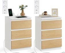 Bedside Table with Power Strip 3 Drawers 2 AC Outlets