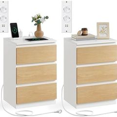 Bedside Table with Power Strip 3 Drawers 2 AC Outlets