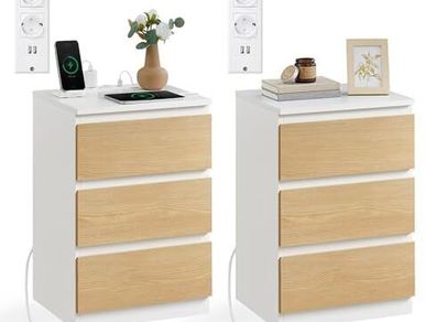 Bedside Table with Power Strip 3 Drawers 2 AC Outlets