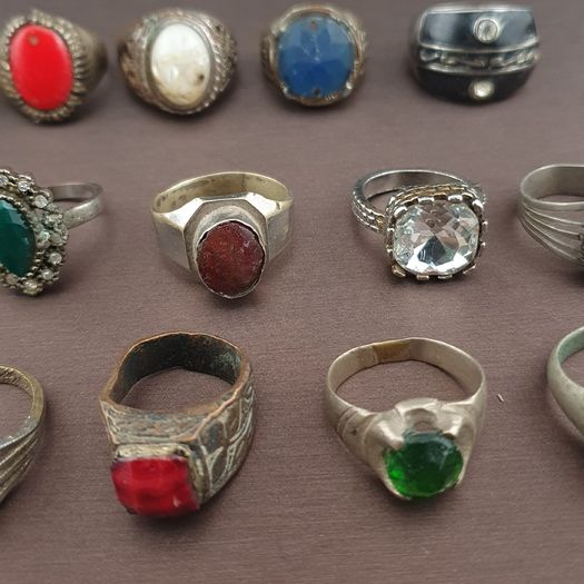 15 Antique Style Brass Rings Mixed Glass & Stone Ring Collection