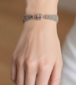 Vintage PANDORA 925 Sterling Silver Multi Strand Mesh Charm Clasp Bracelet