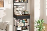 Coffee Bar Station, 6-Tier Coffee Stand with Storage and Drawers, Kitchen Corner Bakers Rack Microwave Stand with Metal Wire Panel &amp; Hooks, Utility Storage Shelf for Small Spaces, Living Room