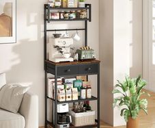 Coffee Bar Station, 6-Tier Coffee Stand with Storage and Drawers, Kitchen Corner Bakers Rack Microwave Stand with Metal Wire Panel & Hooks, Utility Storage Shelf for Small Spaces, Living Room
