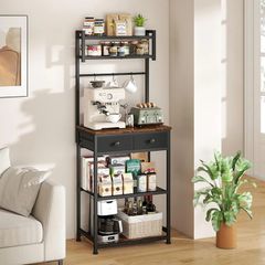 Coffee Bar Station, 6-Tier Coffee Stand with Storage and Drawers, Kitchen Corner Bakers Rack Microwave Stand with Metal Wire Panel & Hooks, Utility Storage Shelf for Small Spaces, Living Room