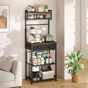 Coffee Bar Station, 6-Tier Coffee Stand with Storage and Drawers, Kitchen Corner Bakers Rack Microwave Stand with Metal Wire Panel & Hooks, Utility Storage Shelf for Small Spaces, Living Room
