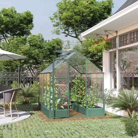 Garden Walk-in Polycarbonate Greenhouse with Raised Garden Bed, Temperature Controlled Window, Aluminium Frame & Foundation, 6 x 8ft