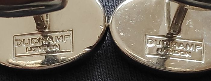 Duchamp London silver tone cufflinks with enamelled lavender & blue flowers pattern