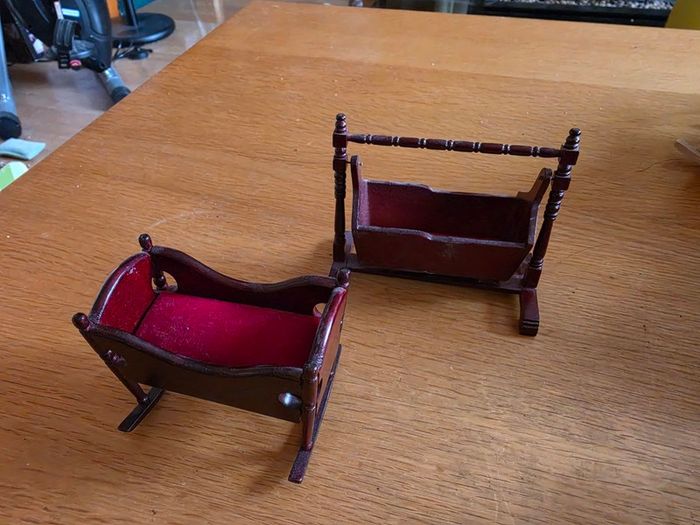 Dolls house furniture for nursery, cradles, highchairs and more