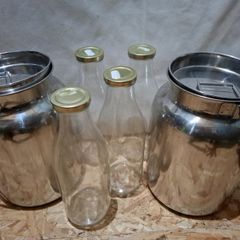Milk Churn with lid and Glass Bottles