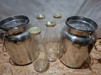 Milk Churn with lid and Glass Bottles