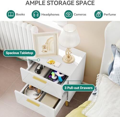 2-Drawer Bedside Table Set of 2, Small Bedside Storage Cabinet with Storage, Nightstand End Table for Living Room Bedroom Office, 40x30x52cm, White & Gold