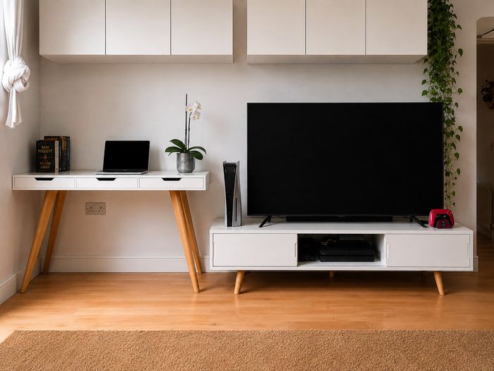 White TV Unit with Wooden Legs