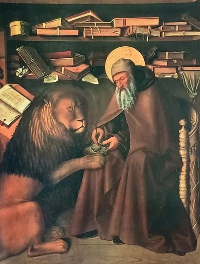 An Original Rare Antique Print from Picture Relics - Saint Jerome and the Lion by 'COLANTONIO' Dated: 1445