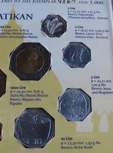 Vatican 10 coins set in CD case. Pope John Paul II 1000 & 500 Lire