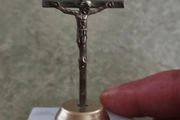 Antique Small Crucifix INRI Cross Vintage Jesus Statue Chirstian on marble plinth.