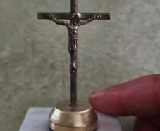 Antique Small Crucifix INRI Cross Vintage Jesus Statue Chirstian on marble plinth.