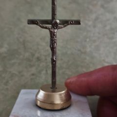 Antique Small Crucifix INRI Cross Vintage Jesus Statue Chirstian on marble plinth.
