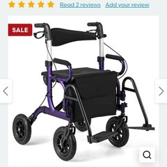 2-in-1 Foldable Rollator Walker with Seat and Pneumatic Tires for All Terrain-Purple