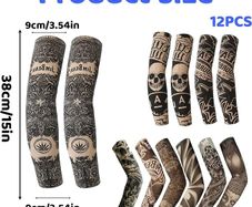 12Pcs Tattoo Sleeves for Men, Fake Tattoo Sleeve Set, Halloween Themed Arm Covers for Parties, Concerts and Role Play, Ideal for Teens and Adults