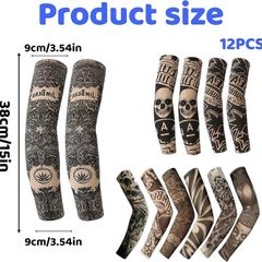 12Pcs Tattoo Sleeves for Men, Fake Tattoo Sleeve Set, Halloween Themed Arm Covers for Parties, Concerts and Role Play, Ideal for Teens and Adults