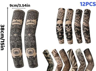 12Pcs Tattoo Sleeves for Men, Fake Tattoo Sleeve Set, Halloween Themed Arm Covers for Parties, Concerts and Role Play, Ideal for Teens and Adults