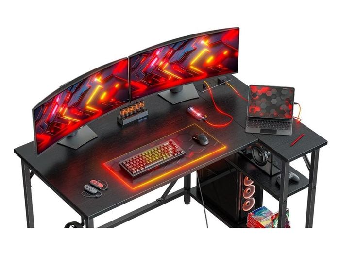 L Shaped Gaming Desk with Power Outlets, 120x70cm Computer Table Small Corner Desk with Large Reversible Storage Shelves, Home Office PC Workstation with Hooks for Writing Study, Black