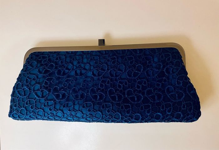Olga Berg Navy Satin & Lace Clutch Bag with Chain Strap New