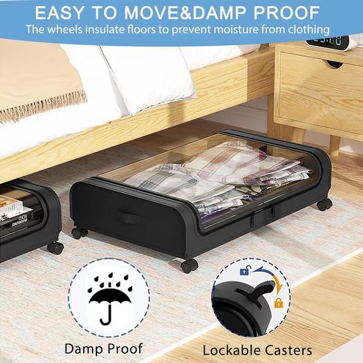Brand New Underbed Storage Box 2 Pieces Underbed Chest of Drawers with Wheels Lid