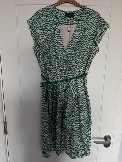 Great Plains Dress - Green & White with Green Belt Size 16