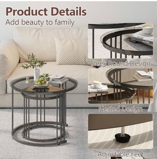 Round Coffee Tables, Set of 2 End Table, Nesting Tables, Side Table with Metal Frame for Living Room/Bedroom/Balcony/Office/Apartment, Diameter 23.6/15.7 IN (Black with Gray Glass)