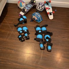 2 skateboard sets as new with helmets and knee,elbow and wrist protectors.