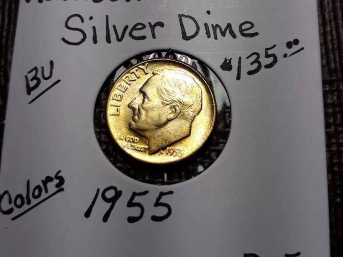 Rainbow Toned Gold Color Silver Coin 1955    Roosevelt  Dime  BU   D-5