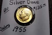 Rainbow Toned Gold Color Silver Coin 1955    Roosevelt  Dime  BU   D-5
