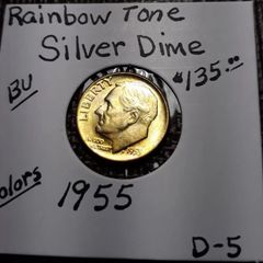 Rainbow Toned Gold Color Silver Coin 1955    Roosevelt  Dime  BU   D-5