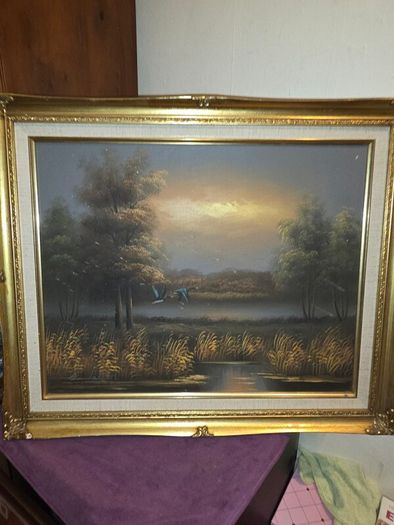 Vintage Oil on Canvas Landscape Ducks in Flight - Signed and Framed