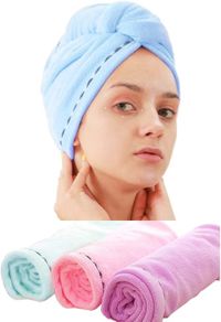 3 Pack Microfiber Hair Towel Wrap Super Absorbent Twist Turban Dry Hair Caps with Buttons Bath Loop Fasten Salon Dry Hair Hat Pink Blue Purple