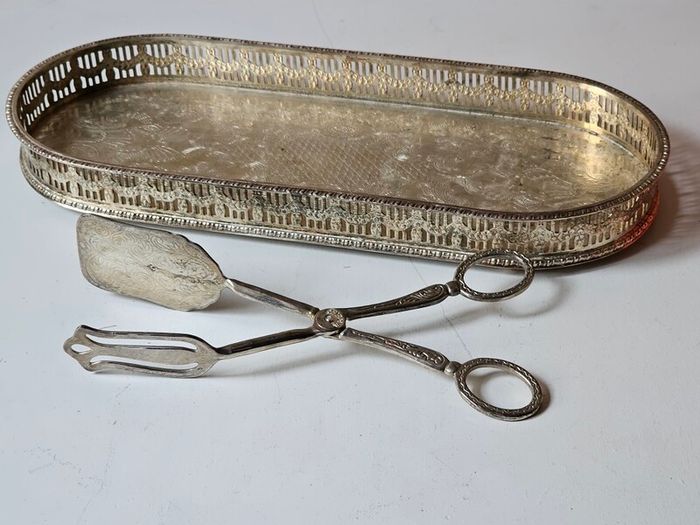 Vintage Silver Plated Serving Tray and Server Tongs