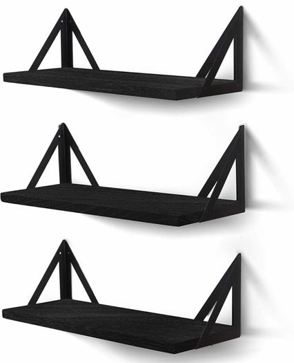 Wall Mounted Floating Shelves Set of 3, 42cm x 15cm x 10.5cm Storage Bookshelf for Living Room Office Bedroom Bathroom Kitchen Display Rustic Wood with Metal Bracket (MULTIPLE STYLES, COLOURS)