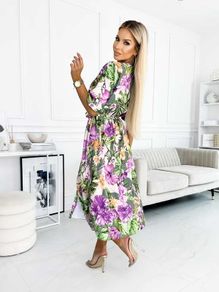 Green & Purple Floral Short Sleeve Belted Side Split Midi Dress
