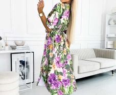 Green & Purple Floral Short Sleeve Belted Side Split Midi Dress