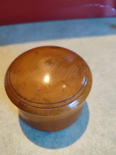 Antique Treen Pot Small Antique Treen Pot.Screw-on mushroom shaped lid.Polished light colored wood, possibly yew or sycamore.