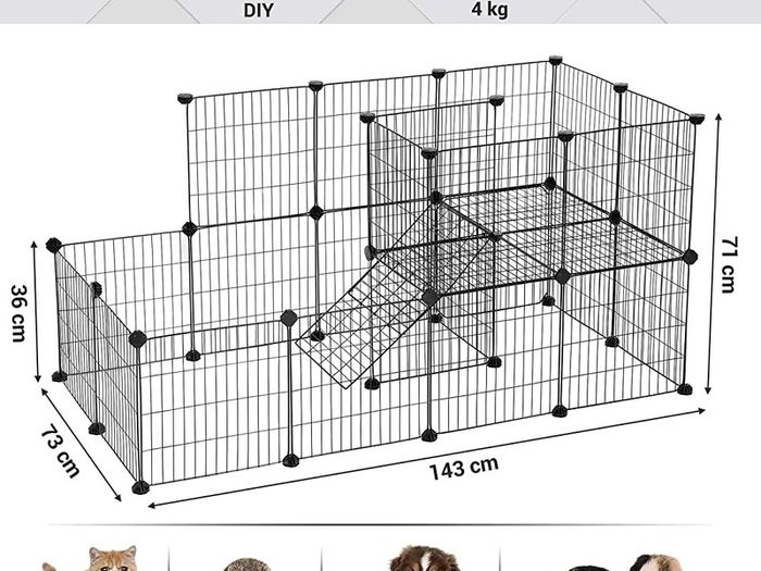 Guinea Pigs Cage, Metal Mesh Pet Playpen with Door, Customisable Fence for Small Animal, Rabbit, for Indoor Use, with Rubber Mallet, 143 x 73 x 71 cm Black (FREE POSTAGE)