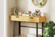 Console table 120 cm, narrow console with 2 drawers, metal frame and handleless design, natural wood
