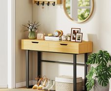 Console table 120 cm, narrow console with 2 drawers, metal frame and handleless design, natural wood
