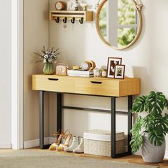 Console table 120 cm, narrow console with 2 drawers, metal frame and handleless design, natural wood