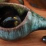 Fabulous Gourd Shaped Bulgarian Pottery Bottle in Brown with Mint Green Drip Glaze, with Five Matching Hanging Cups Image 9