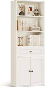 5-Tier Bookcase with Doors and Cabinet, Bookshelf Floor Standing Display Storage Shelf, Tall Bookcase with drawers for Home, Office, Living Room, Bedroom, White, 48 x 24 x 164.2