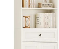5-Tier Bookcase with Doors and Cabinet, Bookshelf Floor Standing Display Storage Shelf, Tall Bookcase with drawers for Home, Office, Living Room, Bedroom, White, 48 x 24 x 164.2