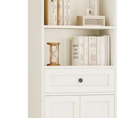 5-Tier Bookcase with Doors and Cabinet, Bookshelf Floor Standing Display Storage Shelf, Tall Bookcase with drawers for Home, Office, Living Room, Bedroom, White, 48 x 24 x 164.2