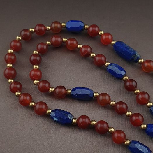 Antique 4 Eyes Himalayan Tibetan Agate With African Carnelian & Lapis Necklace